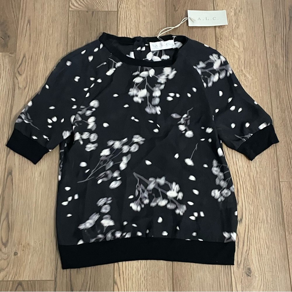 A.L.C. Floral Blurred Silk Black White Shirt NEW